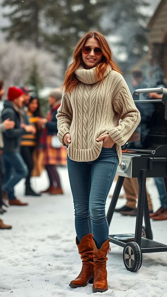 Stylish woman in winter barbecue outfit next to grill, surrounded by friends in snowy setting.